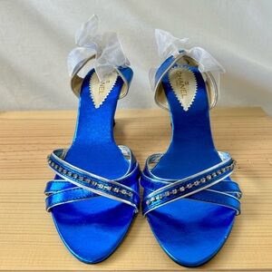 Vintage Chanel Metallic Blue Heels with Ribbon Slingback